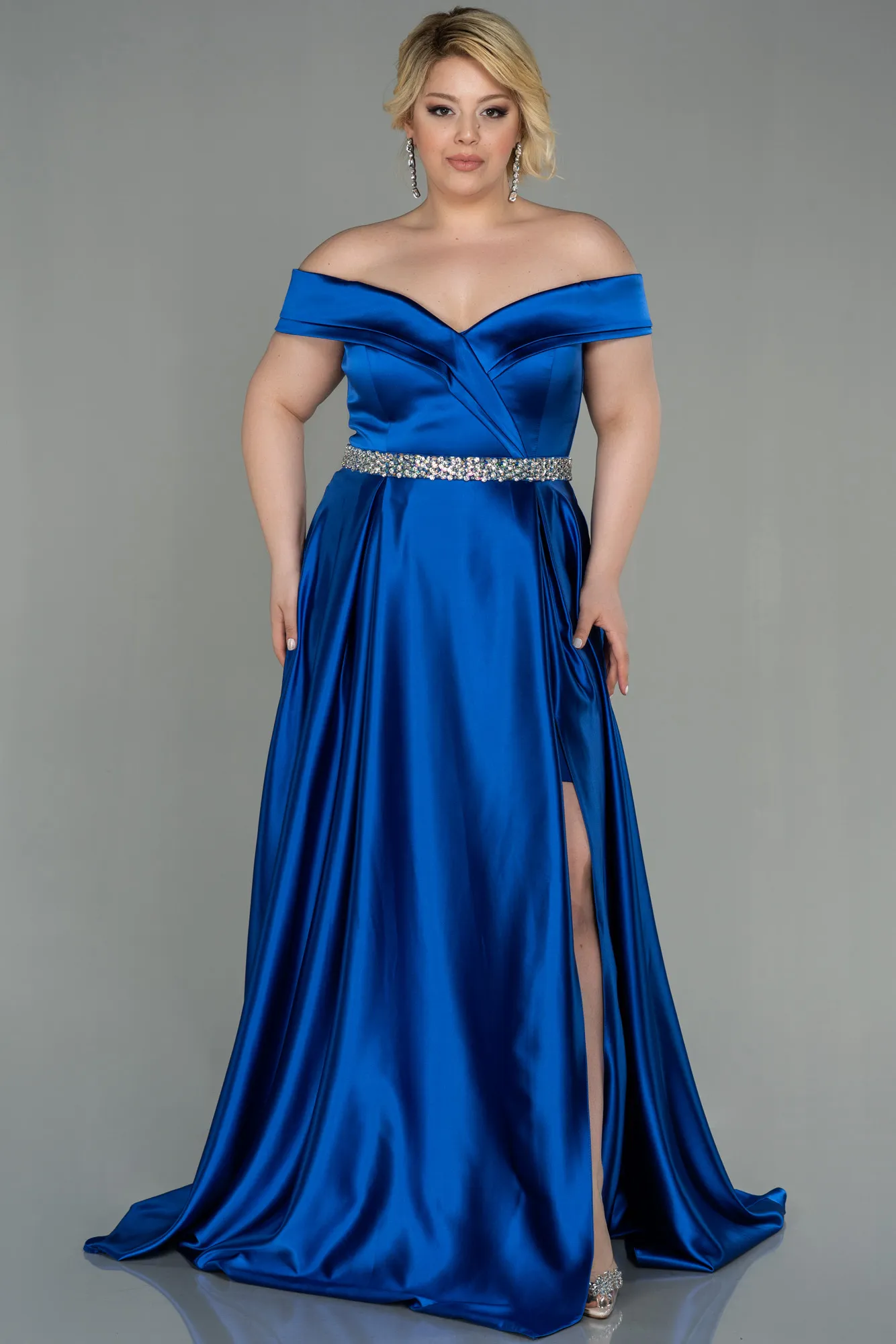 Sax Blue-Long Satin Plus Size Evening Dress ABU3017