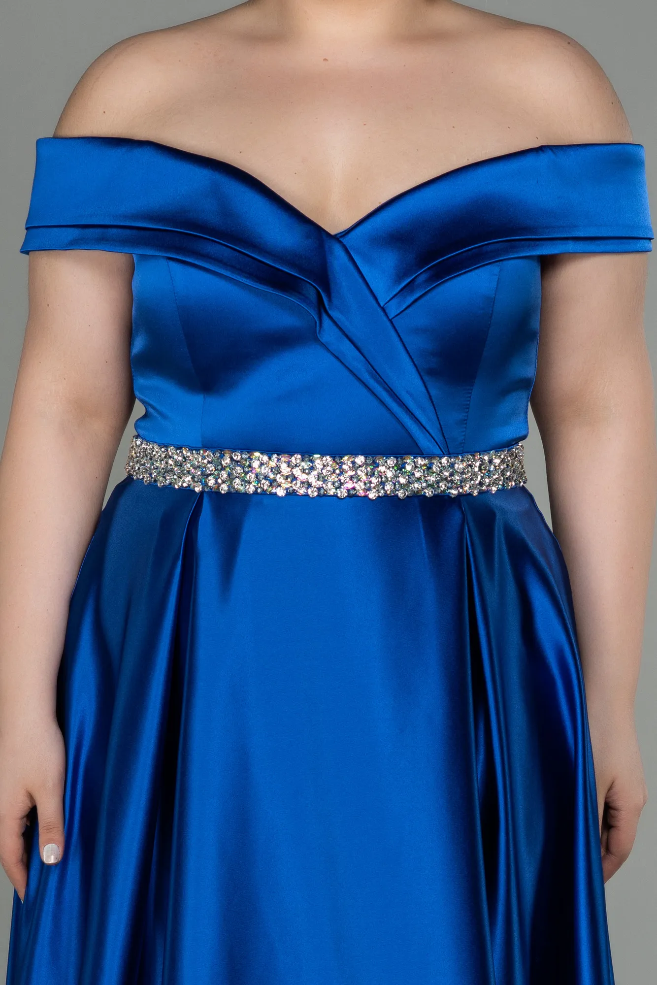 Sax Blue-Long Satin Plus Size Evening Dress ABU3017