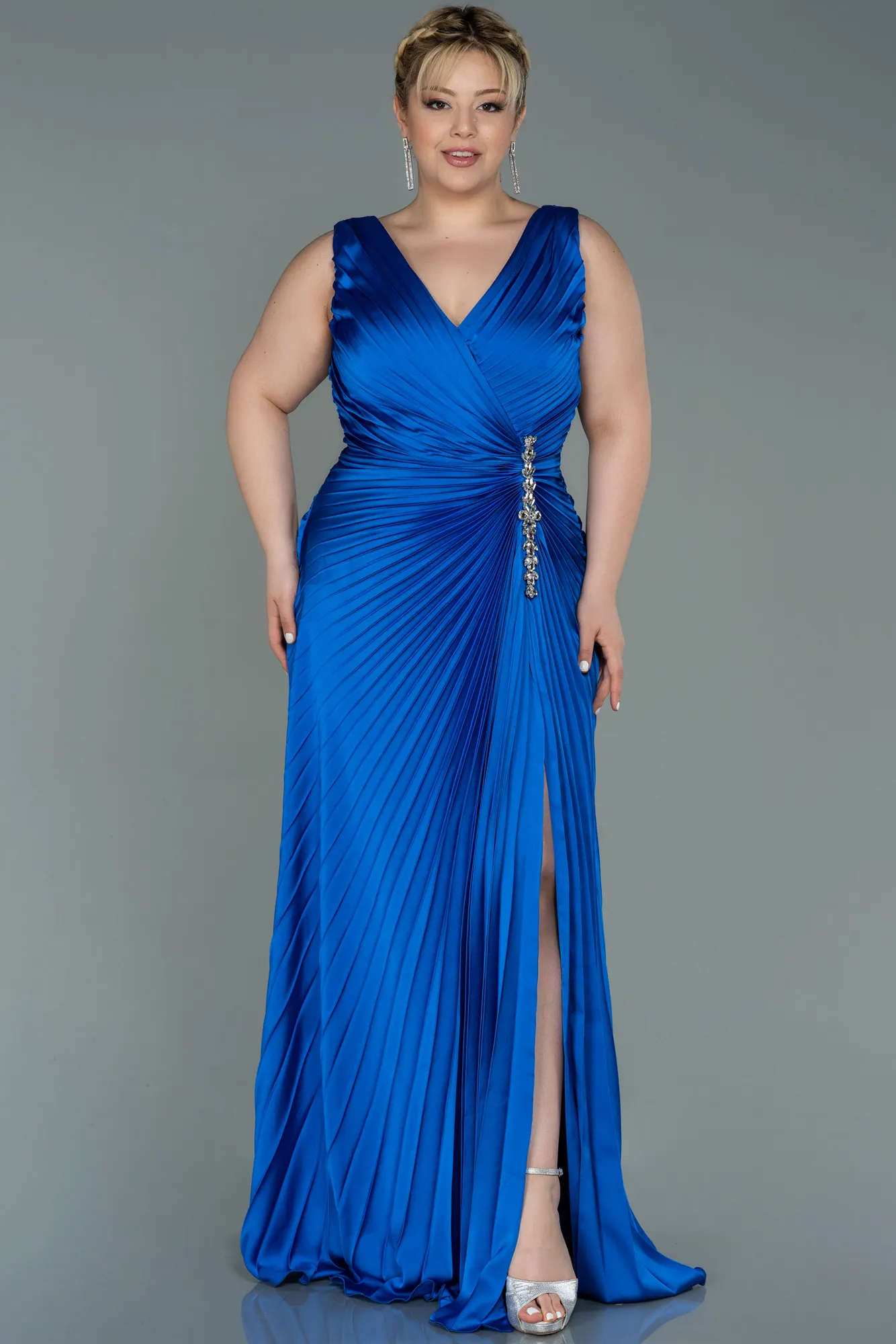 Sax Blue-Long Satin Plus Size Evening Dress ABU3076