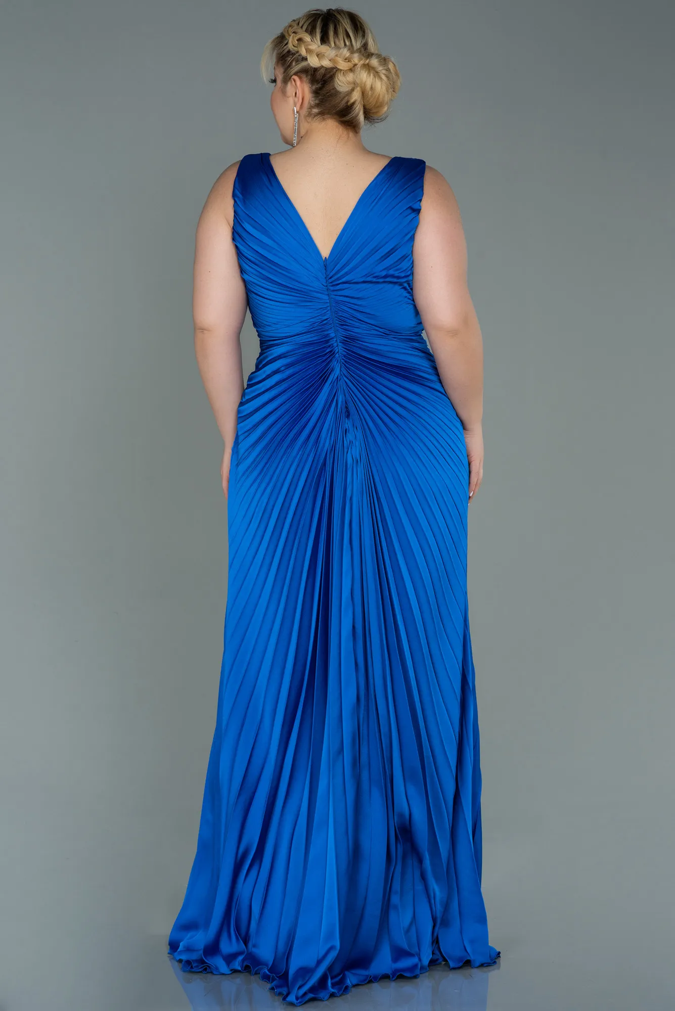 Sax Blue-Long Satin Plus Size Evening Dress ABU3076