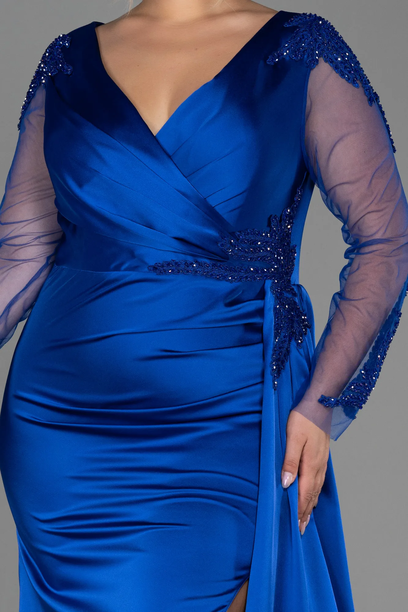 Sax Blue-Long Satin Plus Size Evening Dress ABU3223