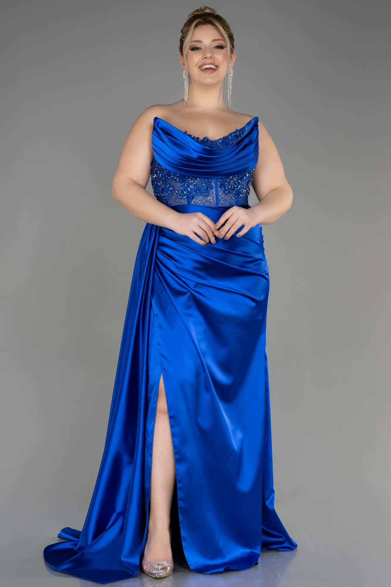 Sax Blue-Long Satin Plus Size Prom Dress ABU3855