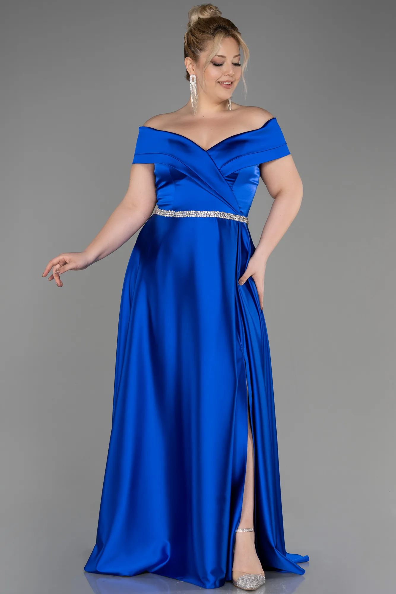 Sax Blue-Long Satin Plus Size Wedding Dress ABU3801