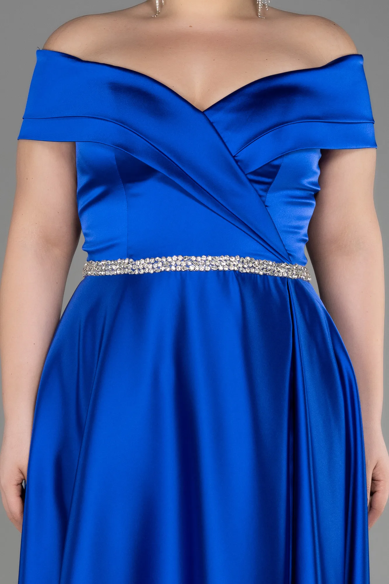 Sax Blue-Long Satin Plus Size Wedding Dress ABU3801