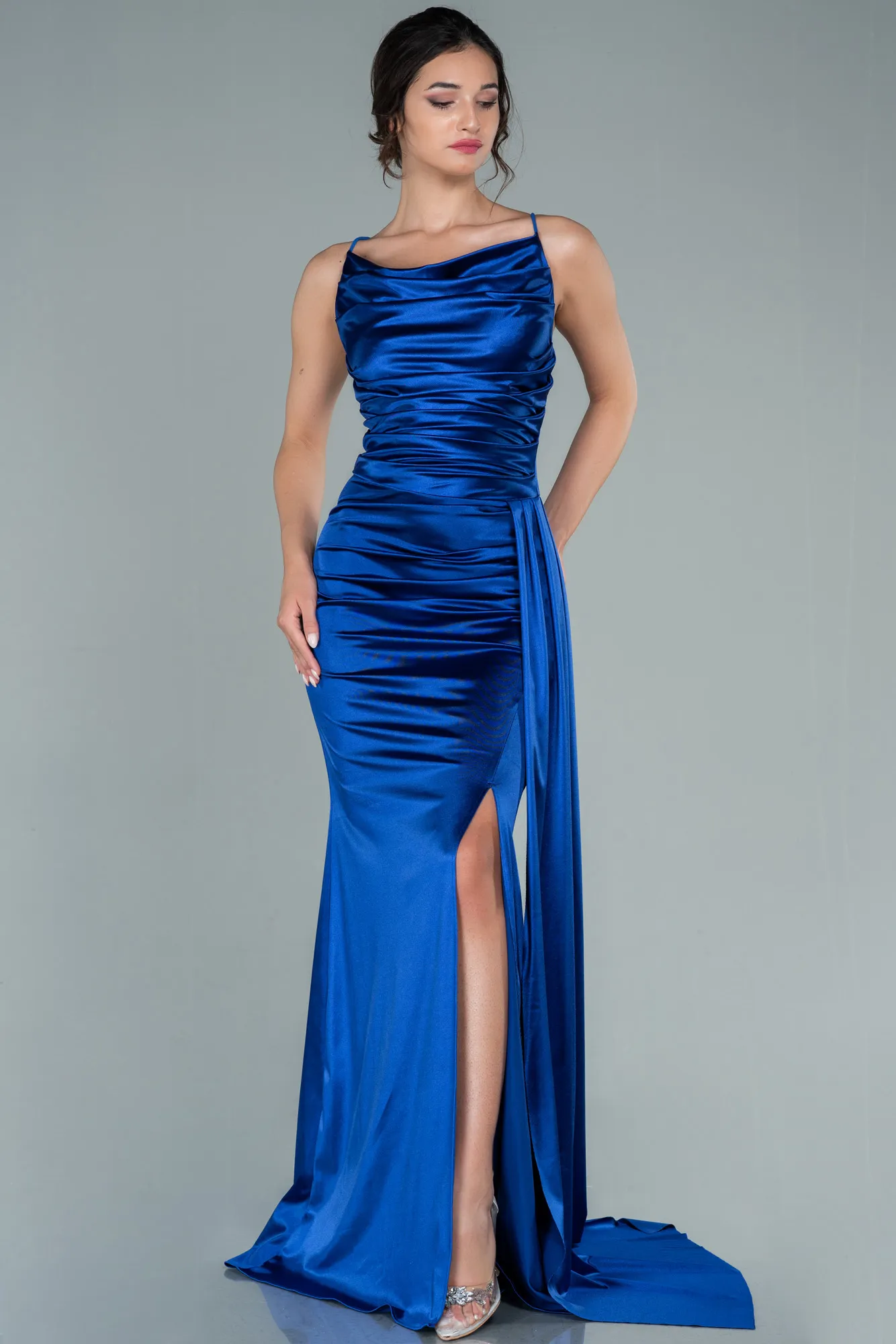 Sax Blue-Long Satin Prom Gown ABU2539