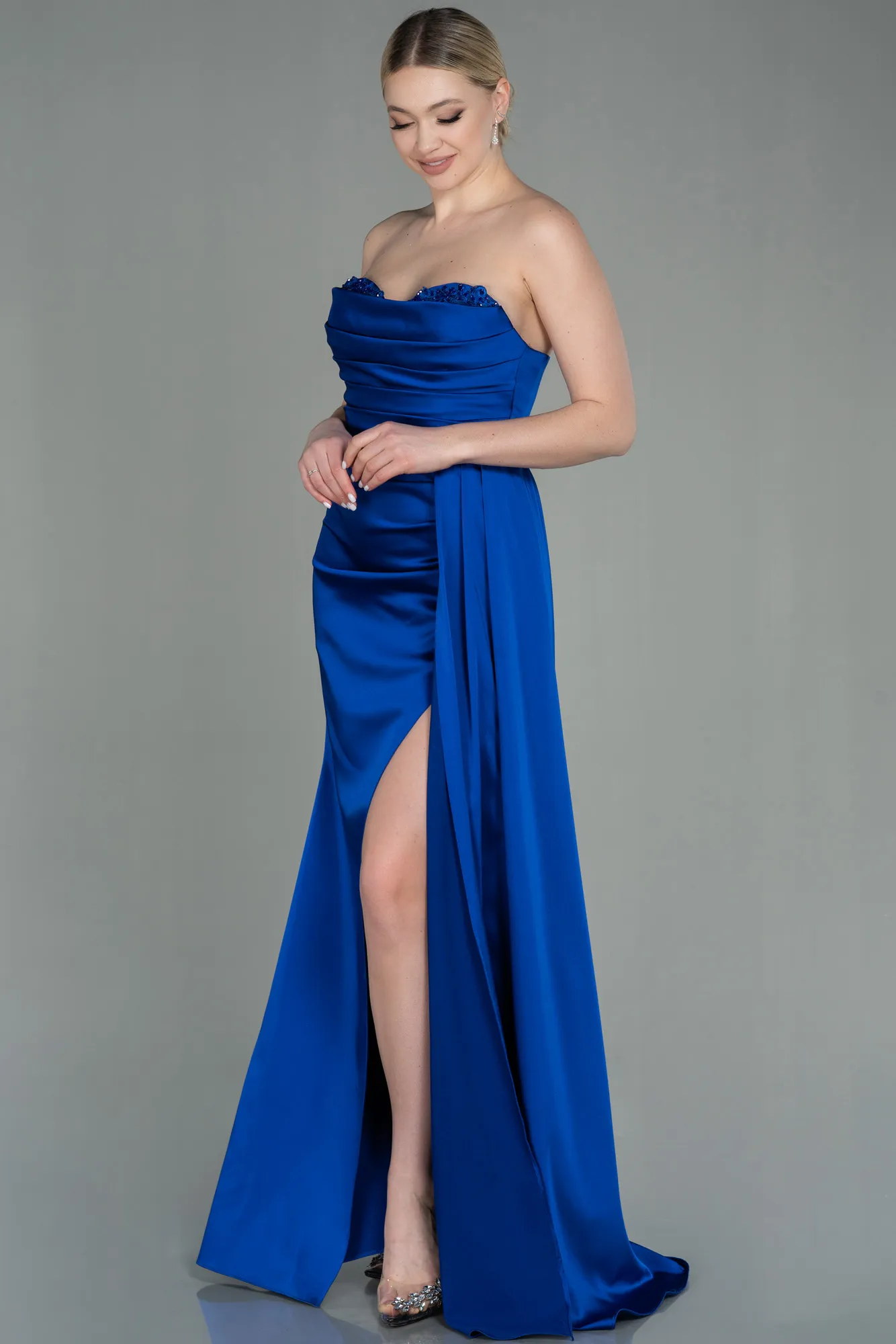 Sax Blue-Long Satin Prom Gown ABU2965