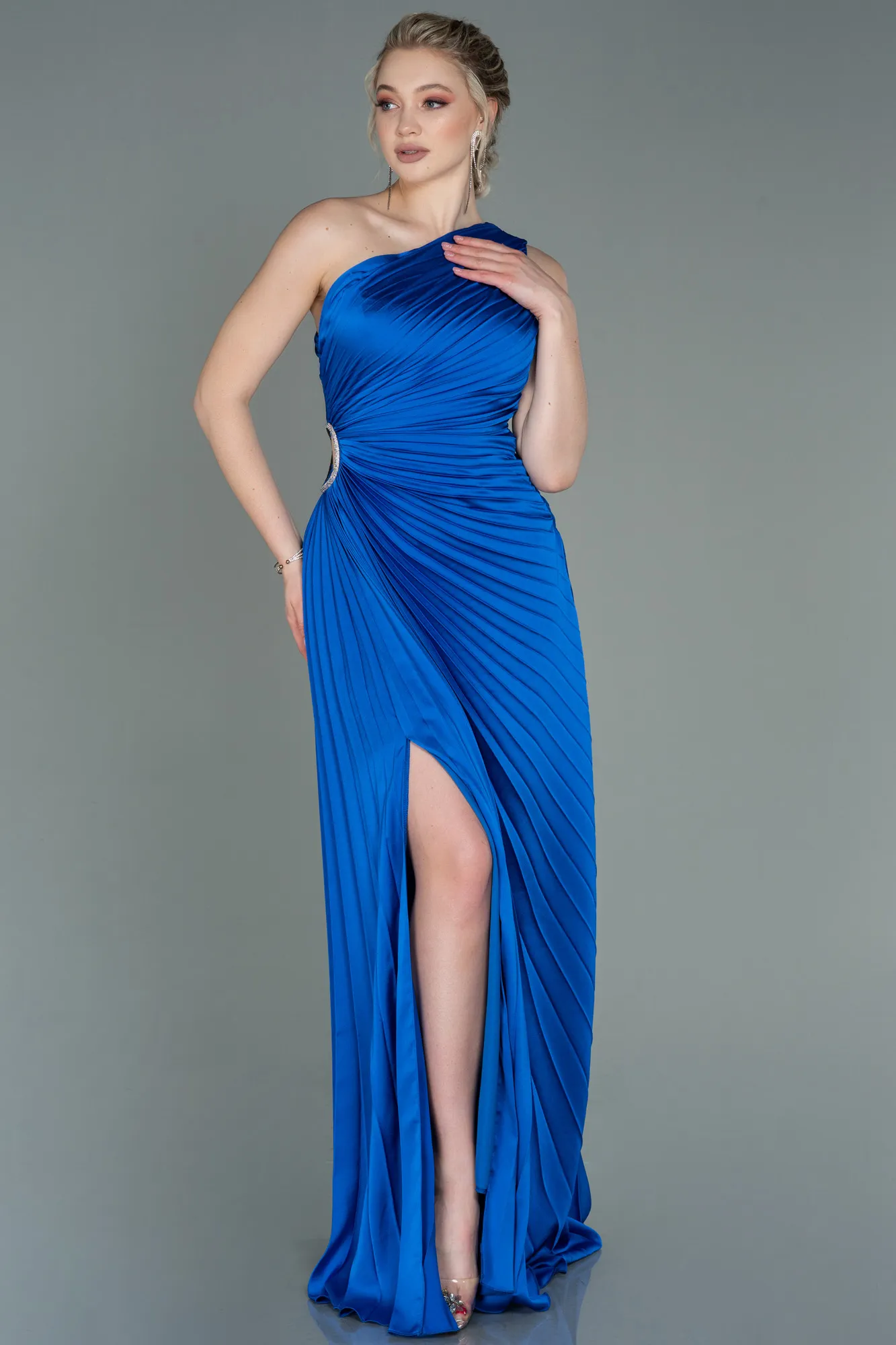 Sax Blue-Long Satin Prom Gown ABU3159