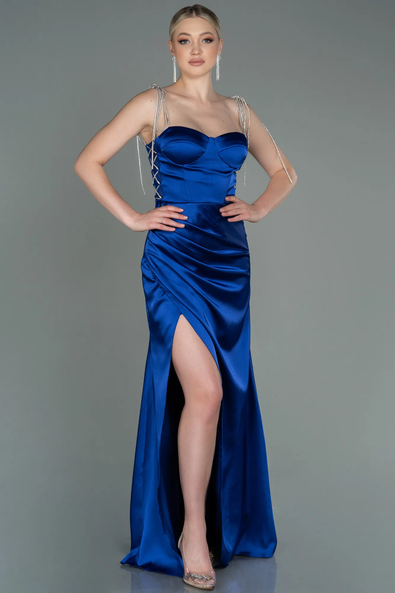 Sax Blue-Long Satin Prom Gown ABU3198