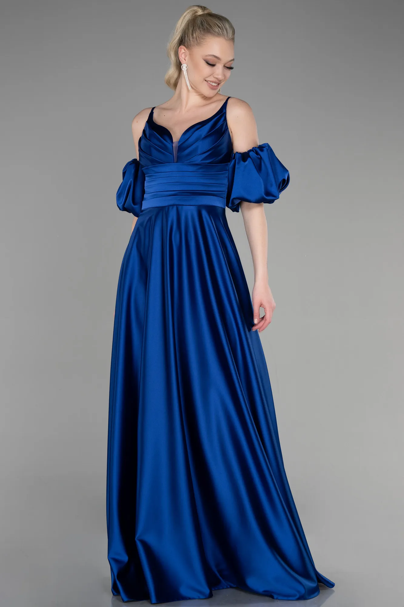 Sax Blue-Long Satin Prom Gown ABU3634