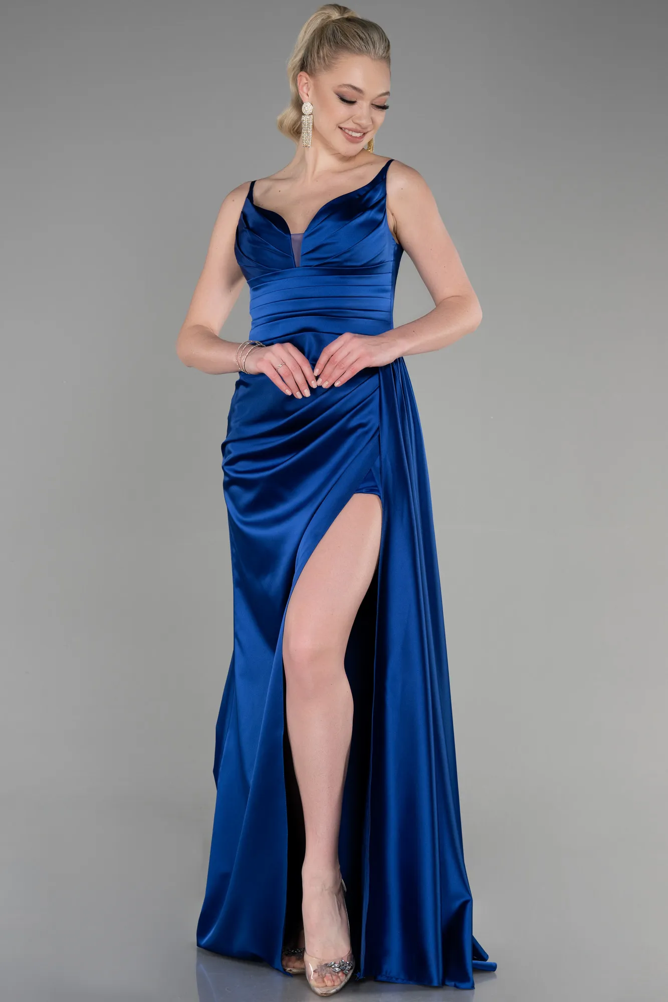 Sax Blue-Long Satin Prom Gown ABU3635