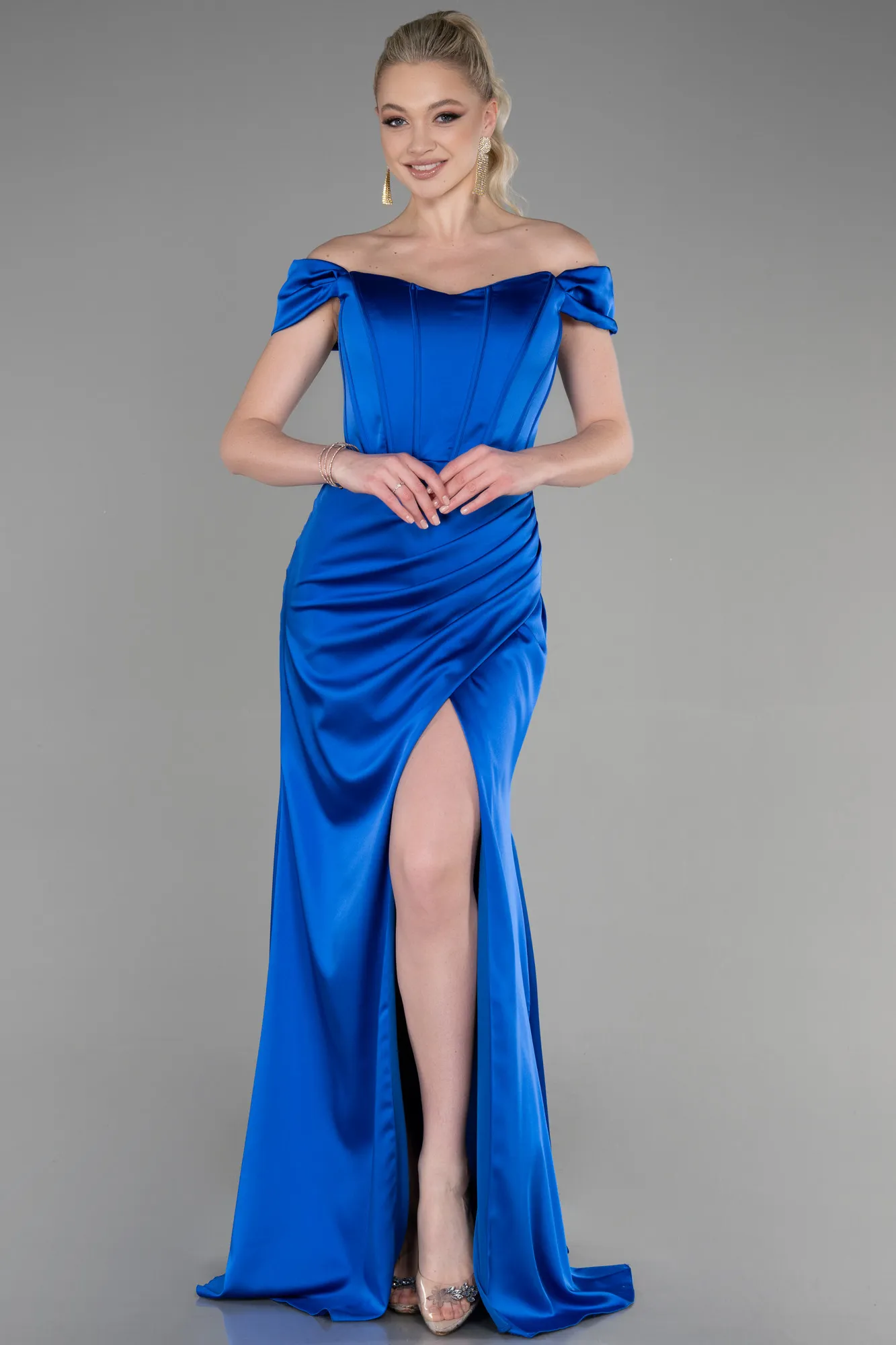 Sax Blue-Long Satin Prom Gown ABU3640