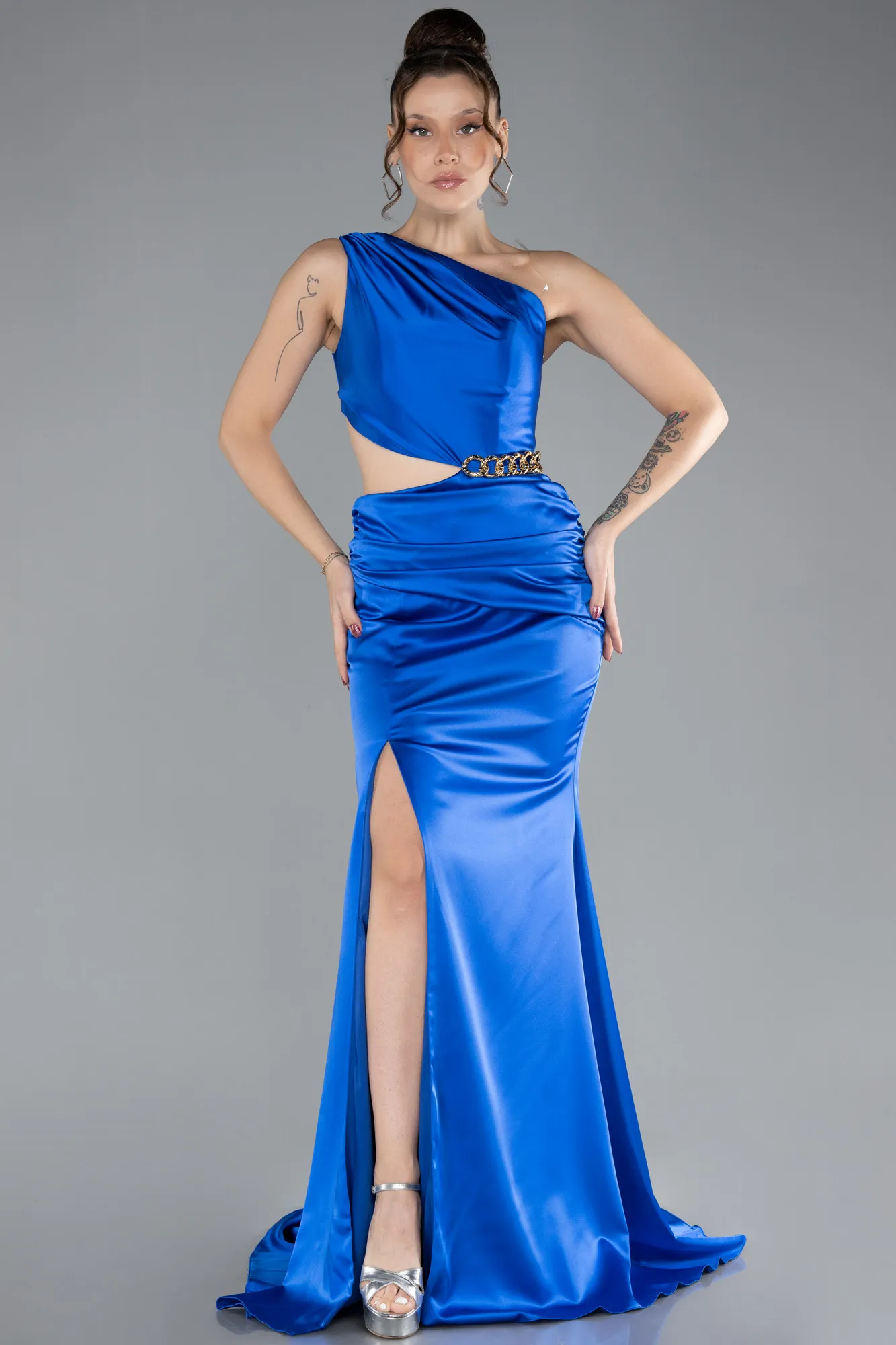 Sax Blue-Long Satin Prom Gown ABU4409