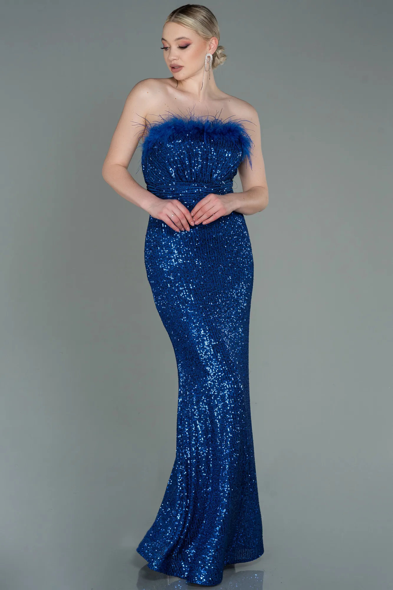 Sax Blue-Long Scaly Evening Dress ABU3067
