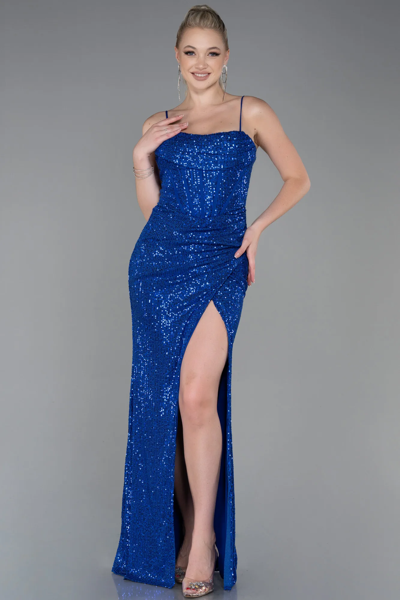 Sax Blue-Long Scaly Evening Dress ABU3246