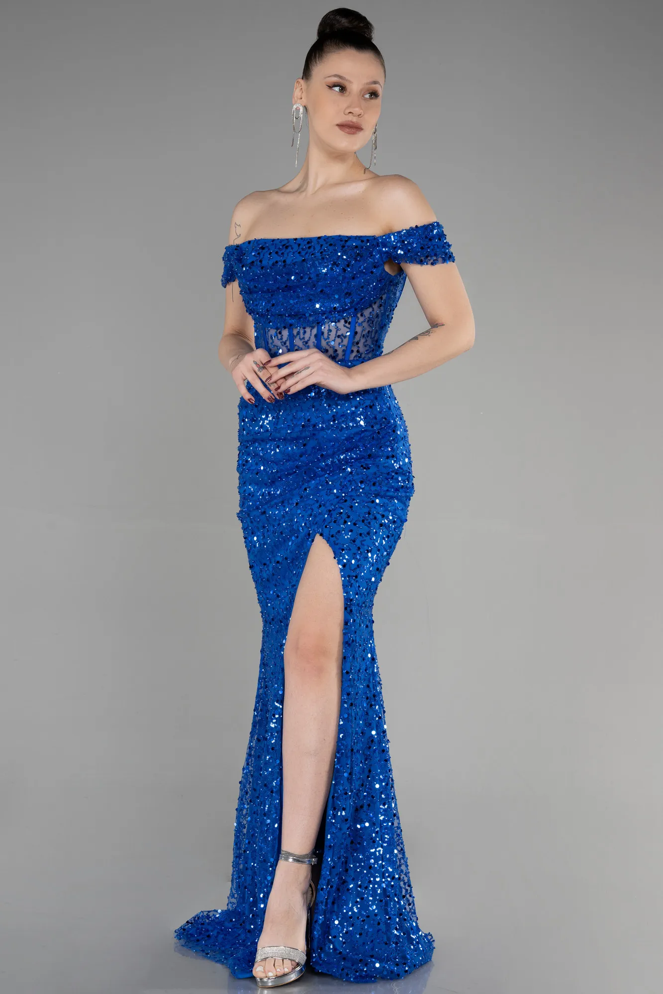 Sax Blue-Long Scaly Evening Dress ABU3498