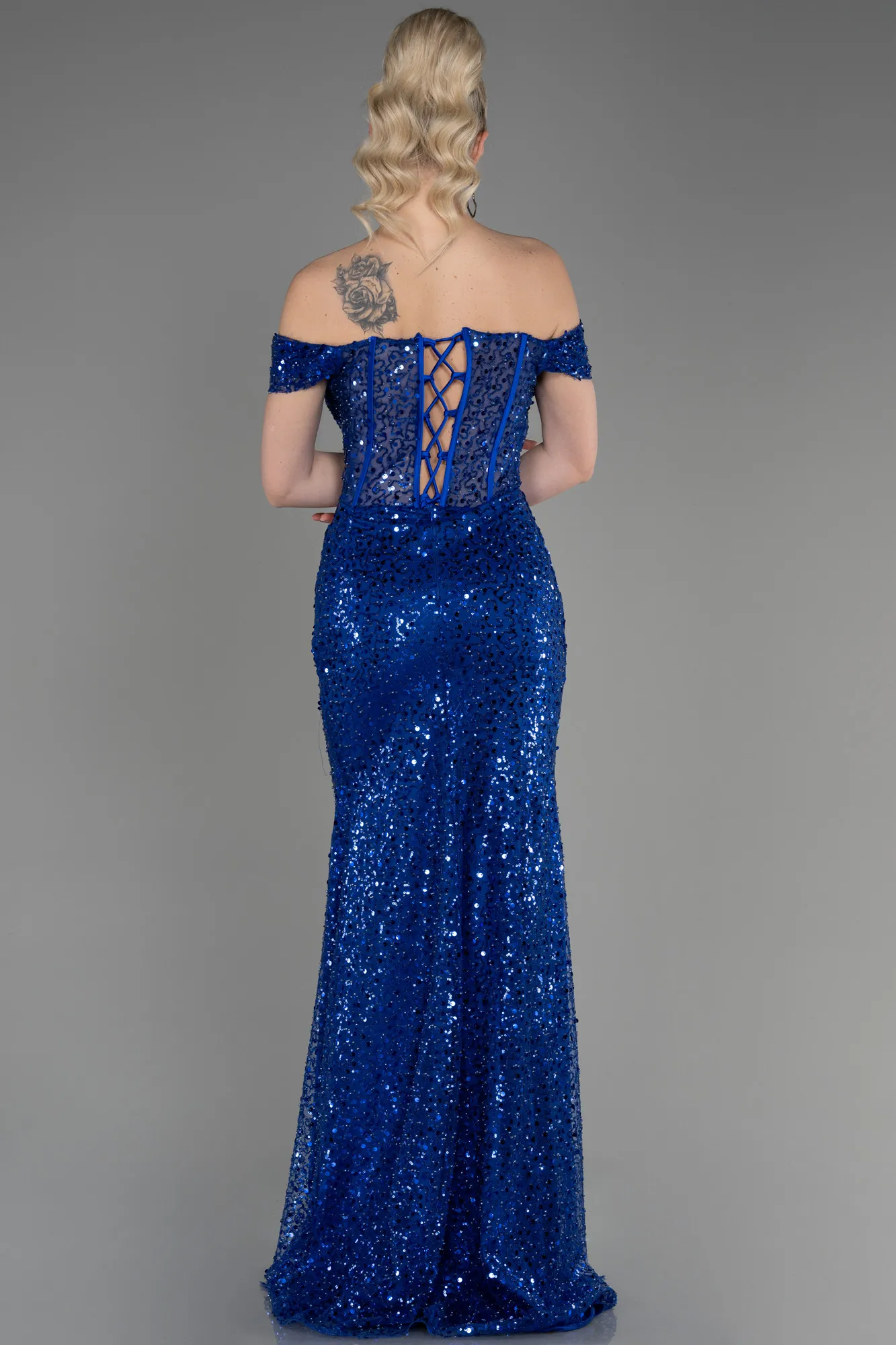 Sax Blue-Long Scaly Evening Dress ABU3714