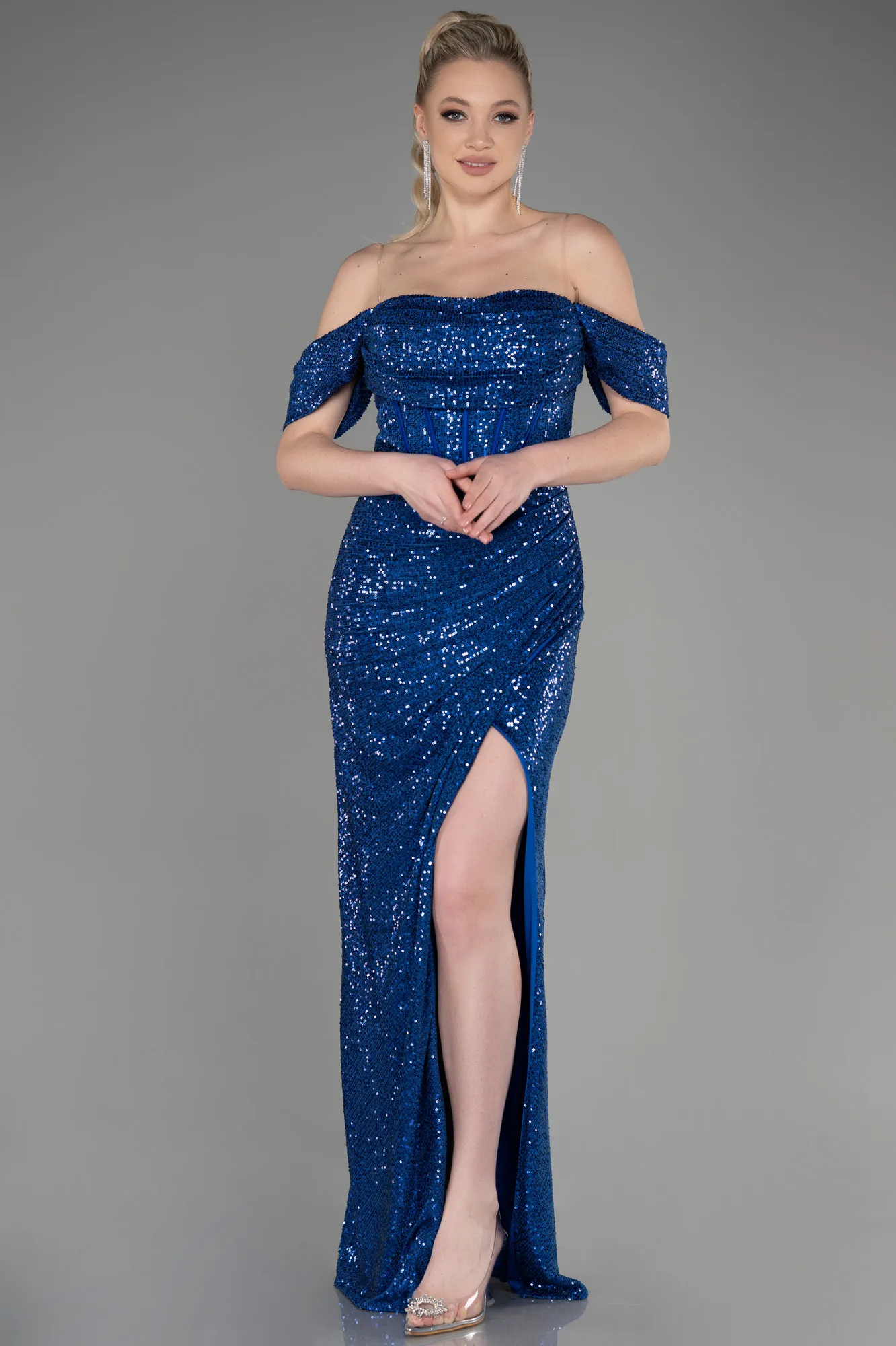Sax Blue-Long Scaly Evening Dress ABU3766