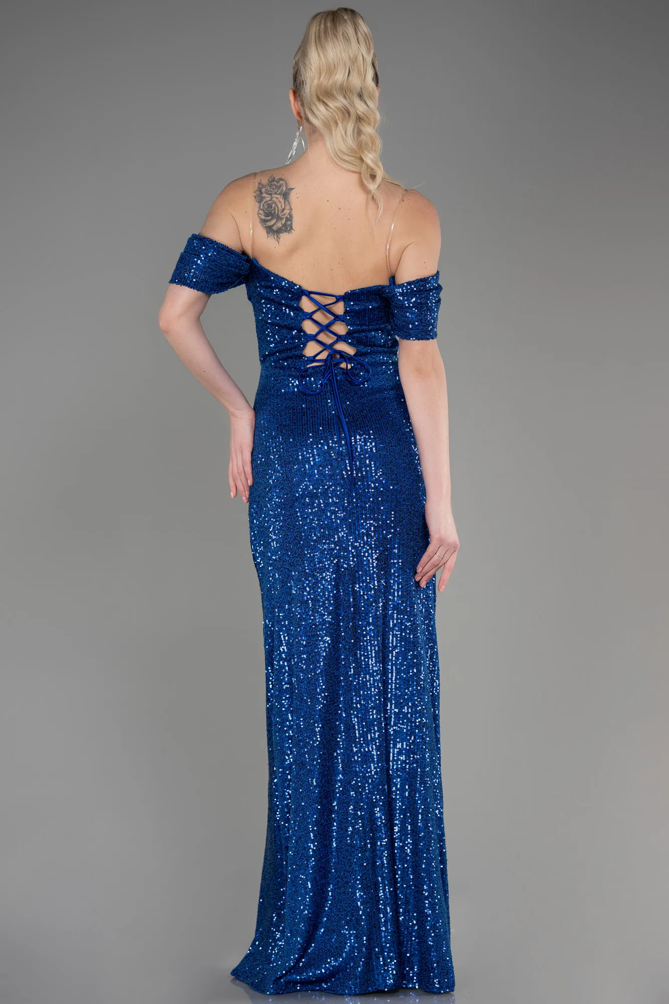 Sax Blue-Long Scaly Evening Dress ABU3766