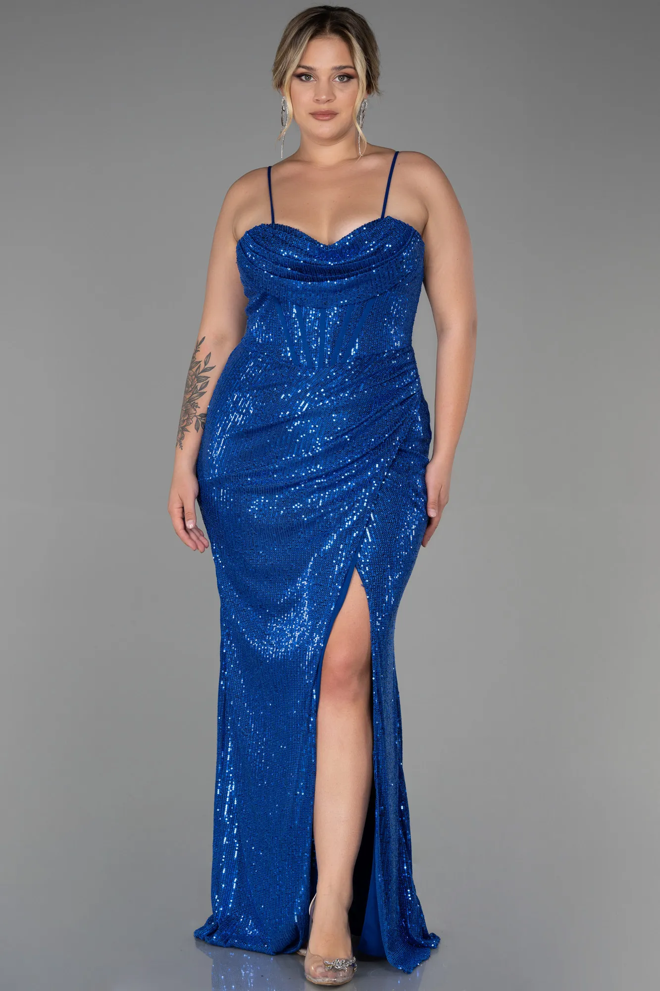 Sax Blue-Long Scaly Plus Size Evening Dress ABU3322
