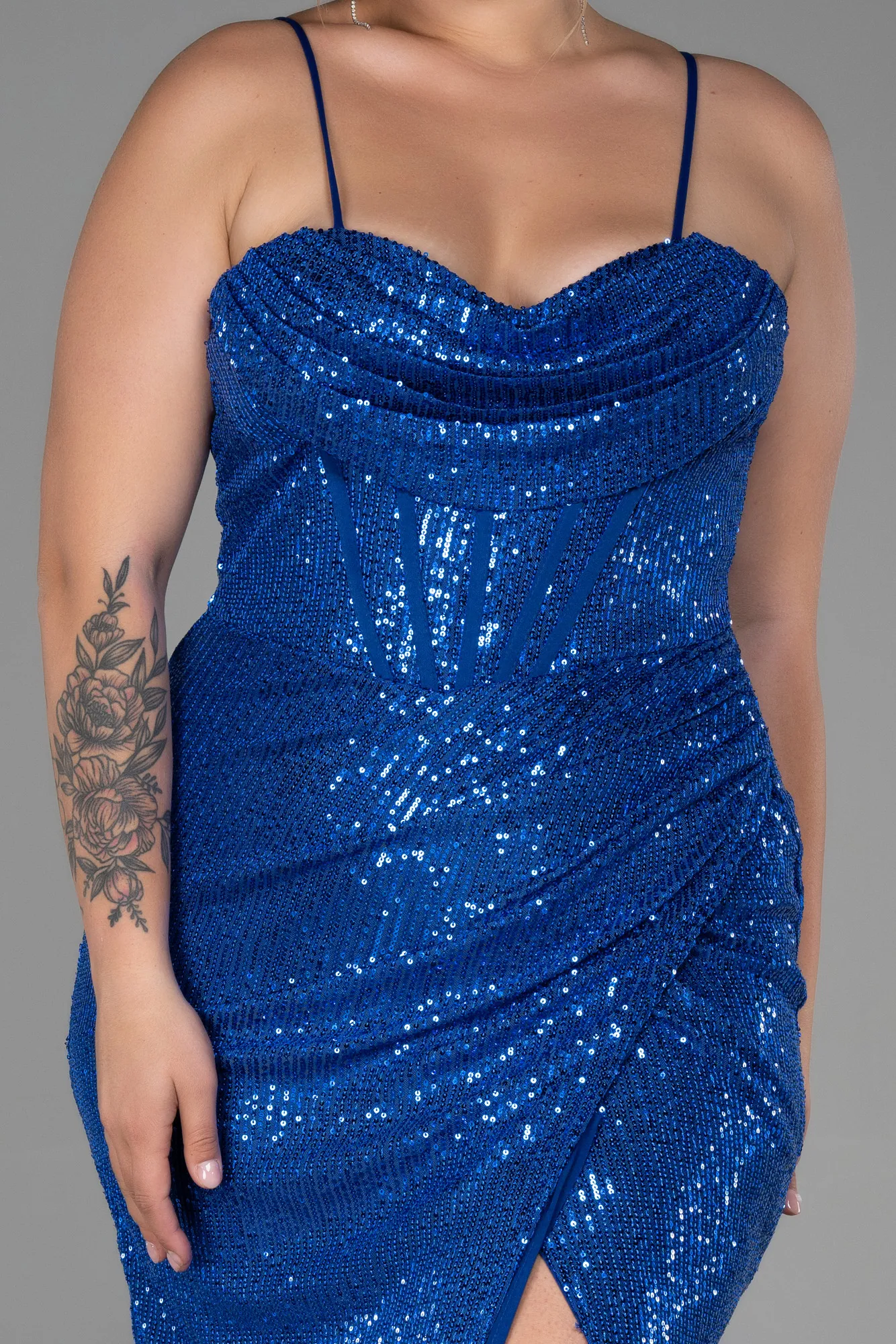 Sax Blue-Long Scaly Plus Size Evening Dress ABU3322
