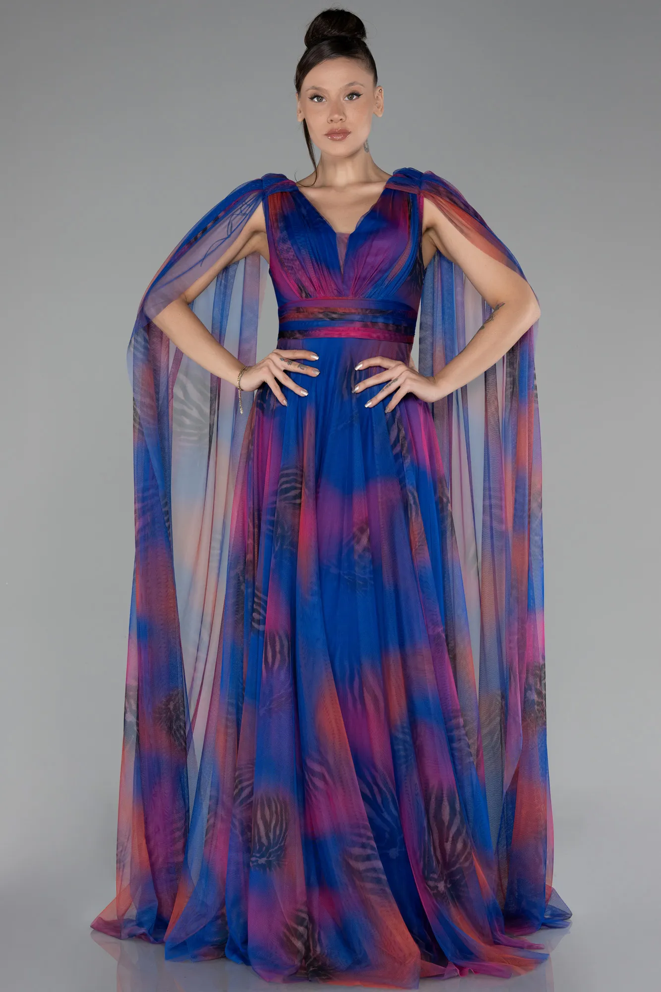 Sax Blue-Long Shawl Sleeve Printed Prom Dress ABU4266