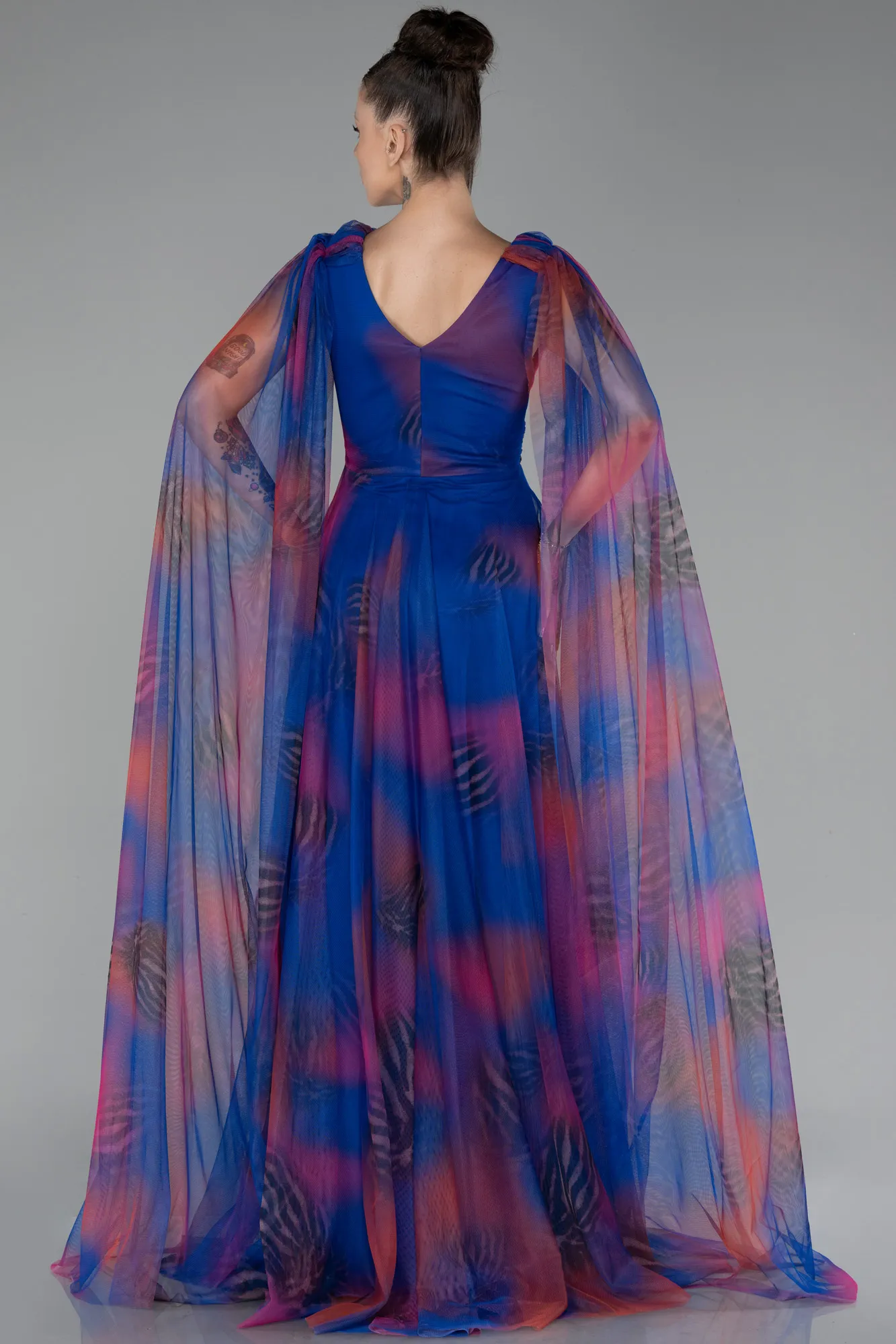 Sax Blue-Long Shawl Sleeve Printed Prom Dress ABU4266