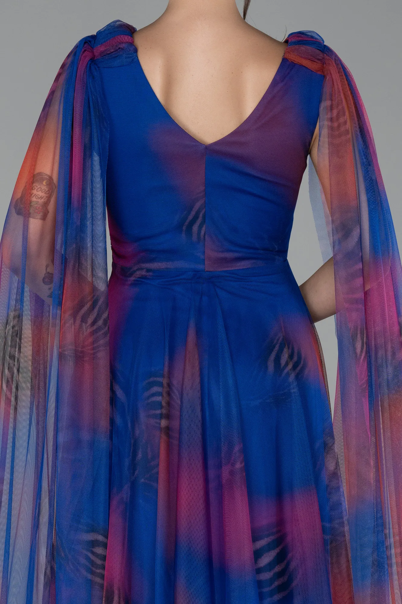 Sax Blue-Long Shawl Sleeve Printed Prom Dress ABU4266