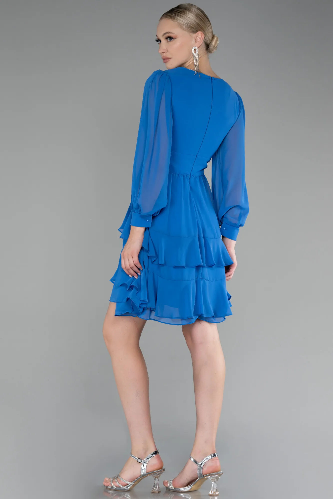 Sax Blue-Long Sleeve Chiffon Short Cocktail Dress ABK2117