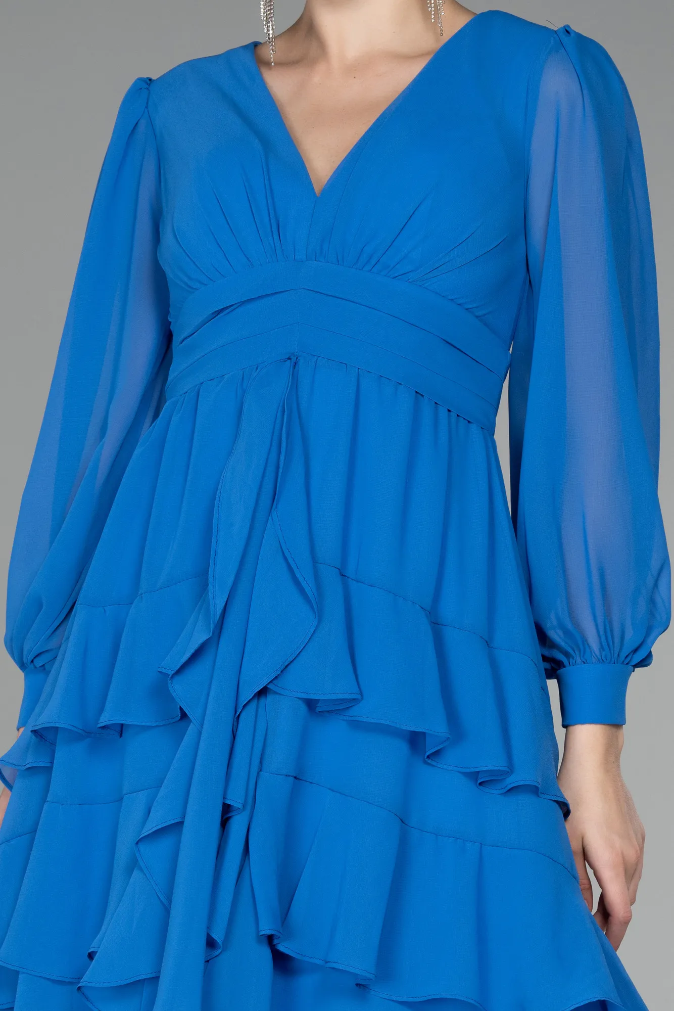 Sax Blue-Long Sleeve Chiffon Short Cocktail Dress ABK2117