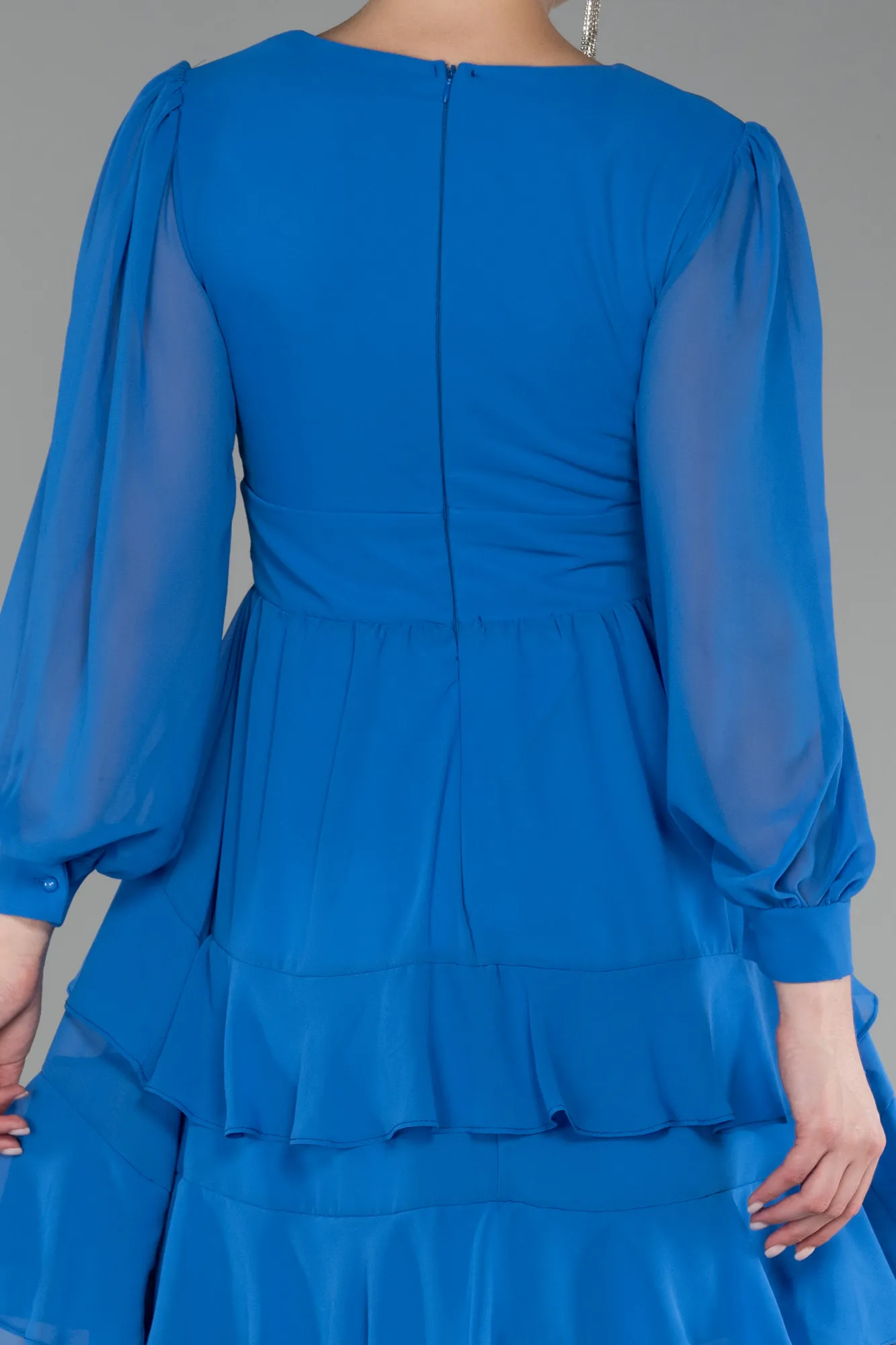 Sax Blue-Long Sleeve Chiffon Short Cocktail Dress ABK2117