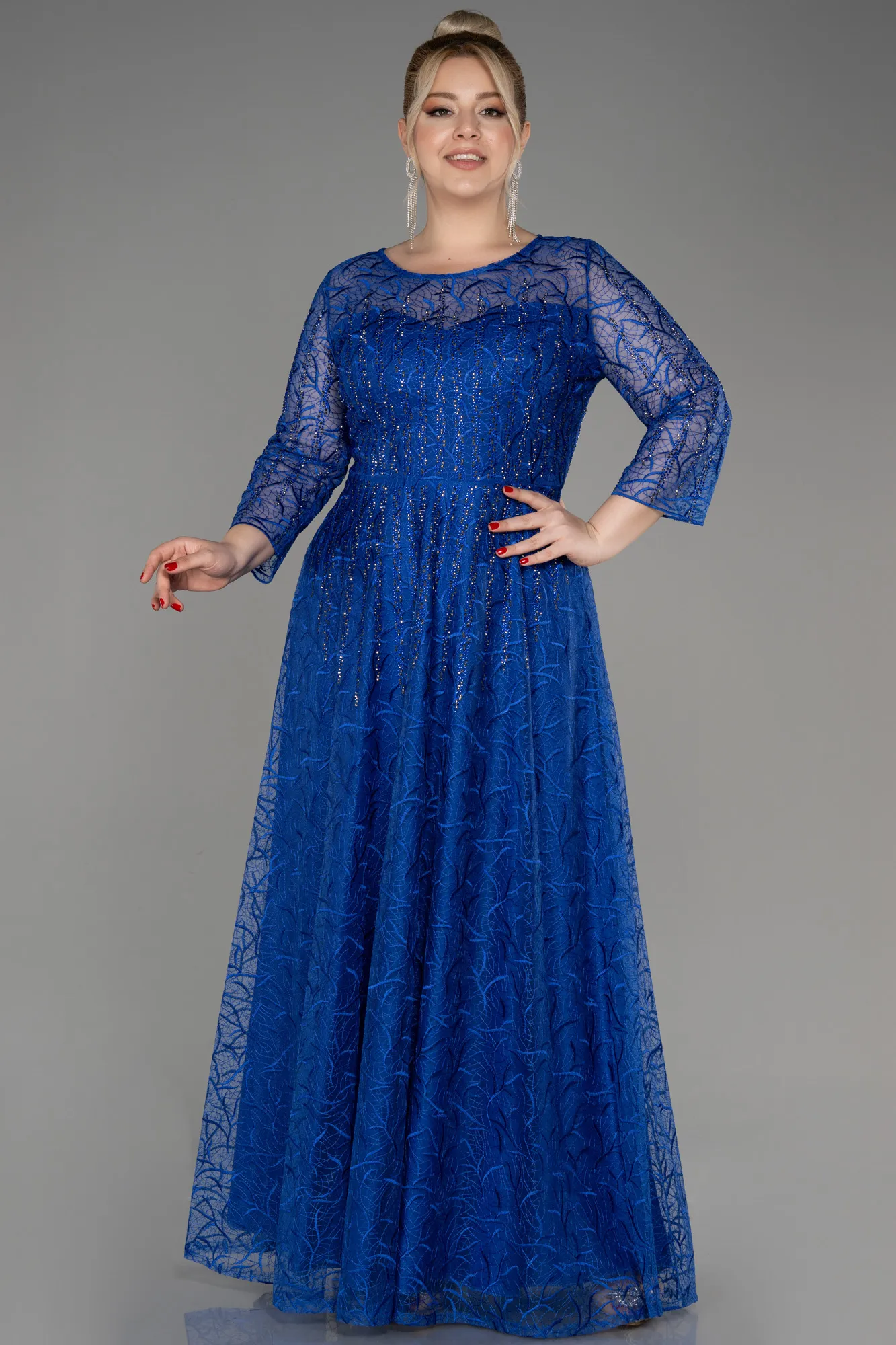 Sax Blue-Long Sleeve Laced Plus Size Evening Dress ABU3932