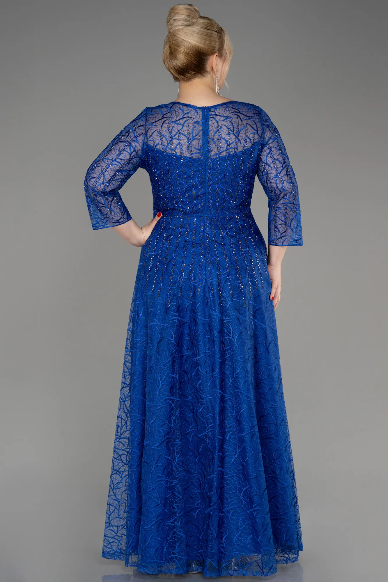 Sax Blue-Long Sleeve Laced Plus Size Evening Dress ABU3932