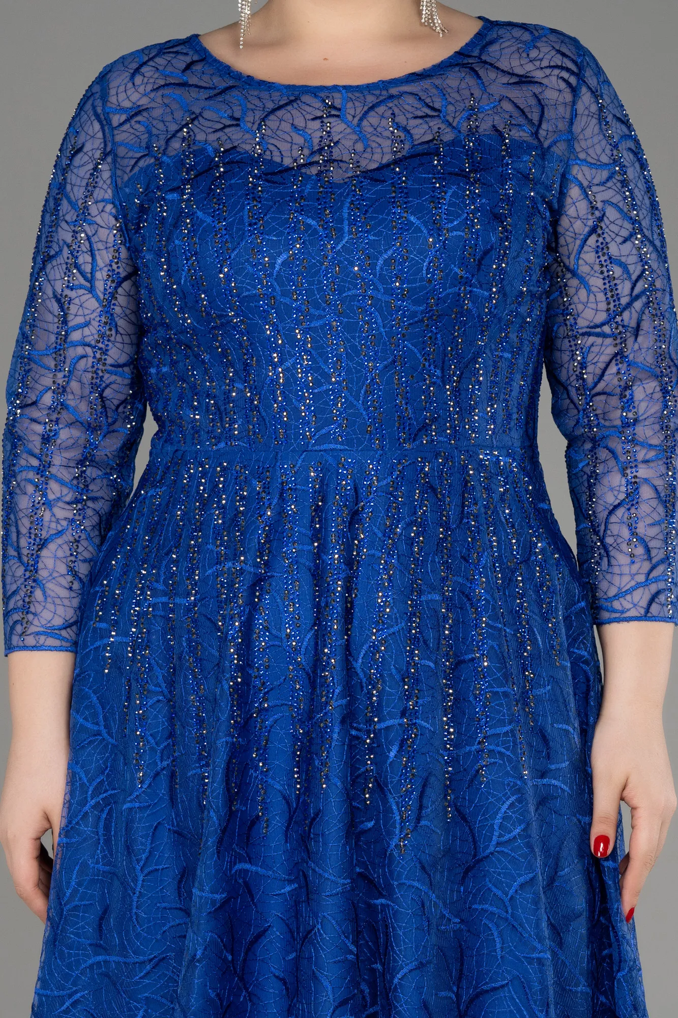 Sax Blue-Long Sleeve Laced Plus Size Evening Dress ABU3932