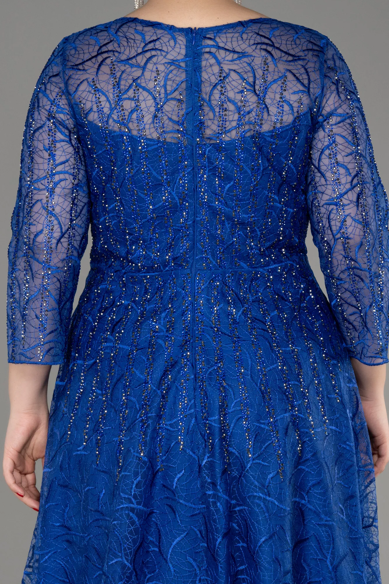 Sax Blue-Long Sleeve Laced Plus Size Evening Dress ABU3932