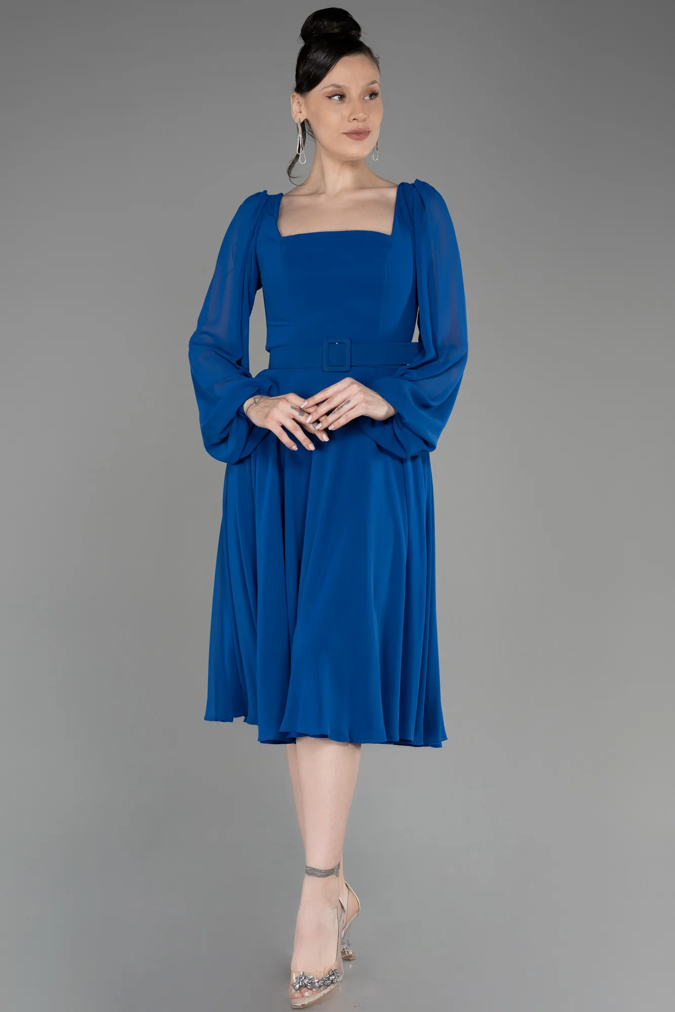 Sax Blue-Long Sleeve Midi Chiffon Cocktail Dress ABK2026