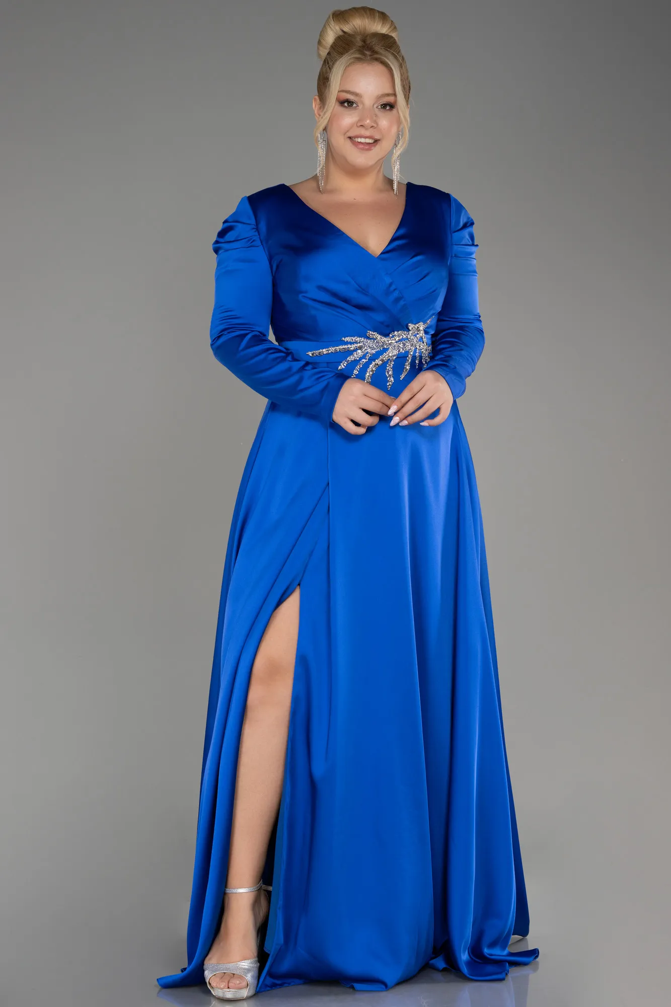 Sax Blue-Long Sleeve Satin Plus Size Evening Dress ABU3941