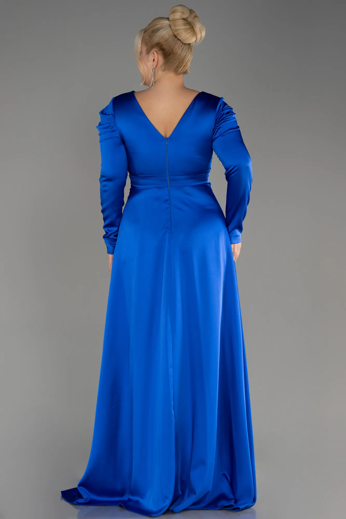 Sax Blue-Long Sleeve Satin Plus Size Evening Dress ABU3941