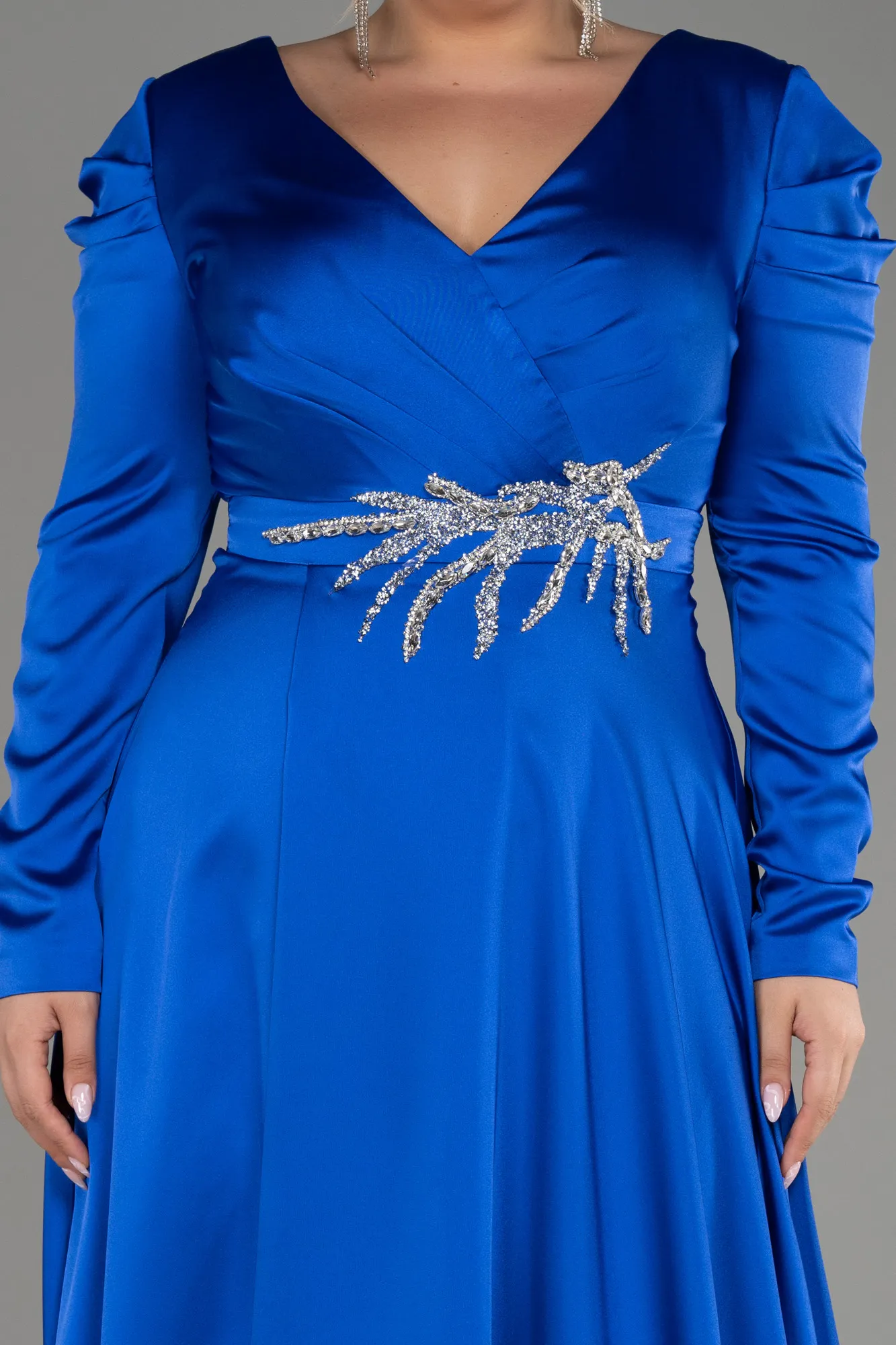 Sax Blue-Long Sleeve Satin Plus Size Evening Dress ABU3941