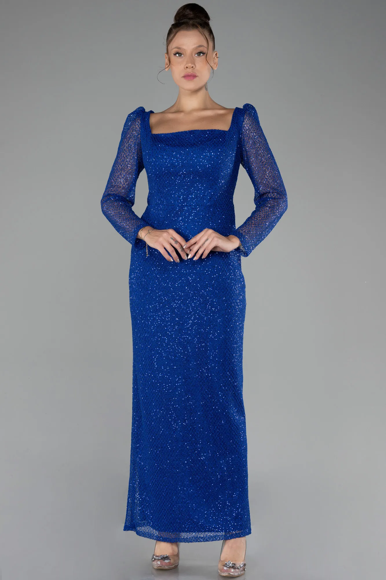 Sax Blue-Long Sleeve Sequin Midi Plus Size Evening Dress ABK2138