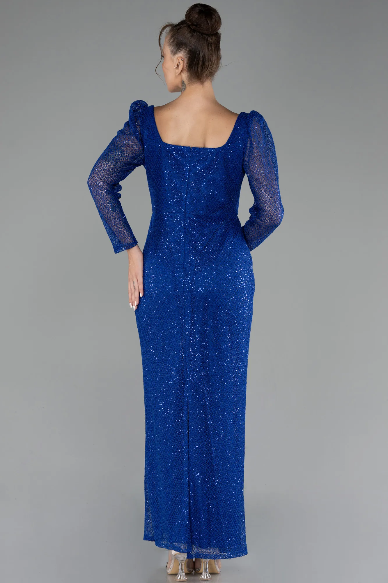 Sax Blue-Long Sleeve Sequin Midi Plus Size Evening Dress ABK2138