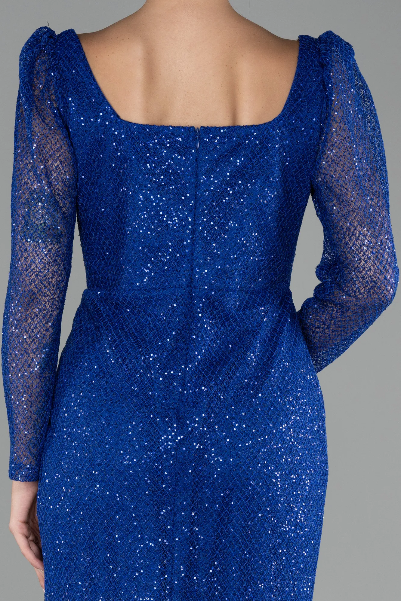 Sax Blue-Long Sleeve Sequin Midi Plus Size Evening Dress ABK2138