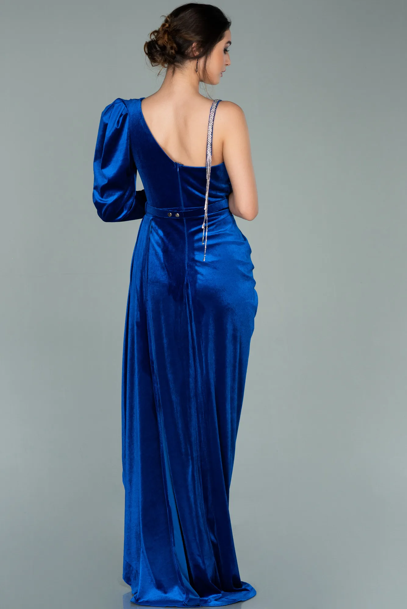 Sax Blue-Long Velvet Evening Dress ABU2074