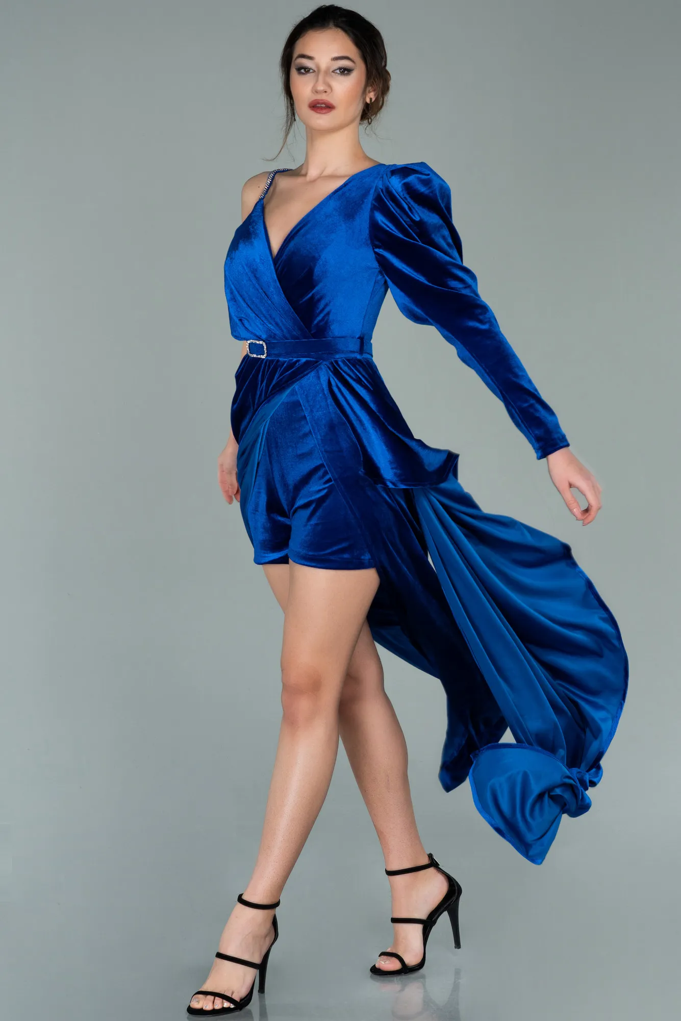 Sax Blue-Long Velvet Evening Dress ABU2074