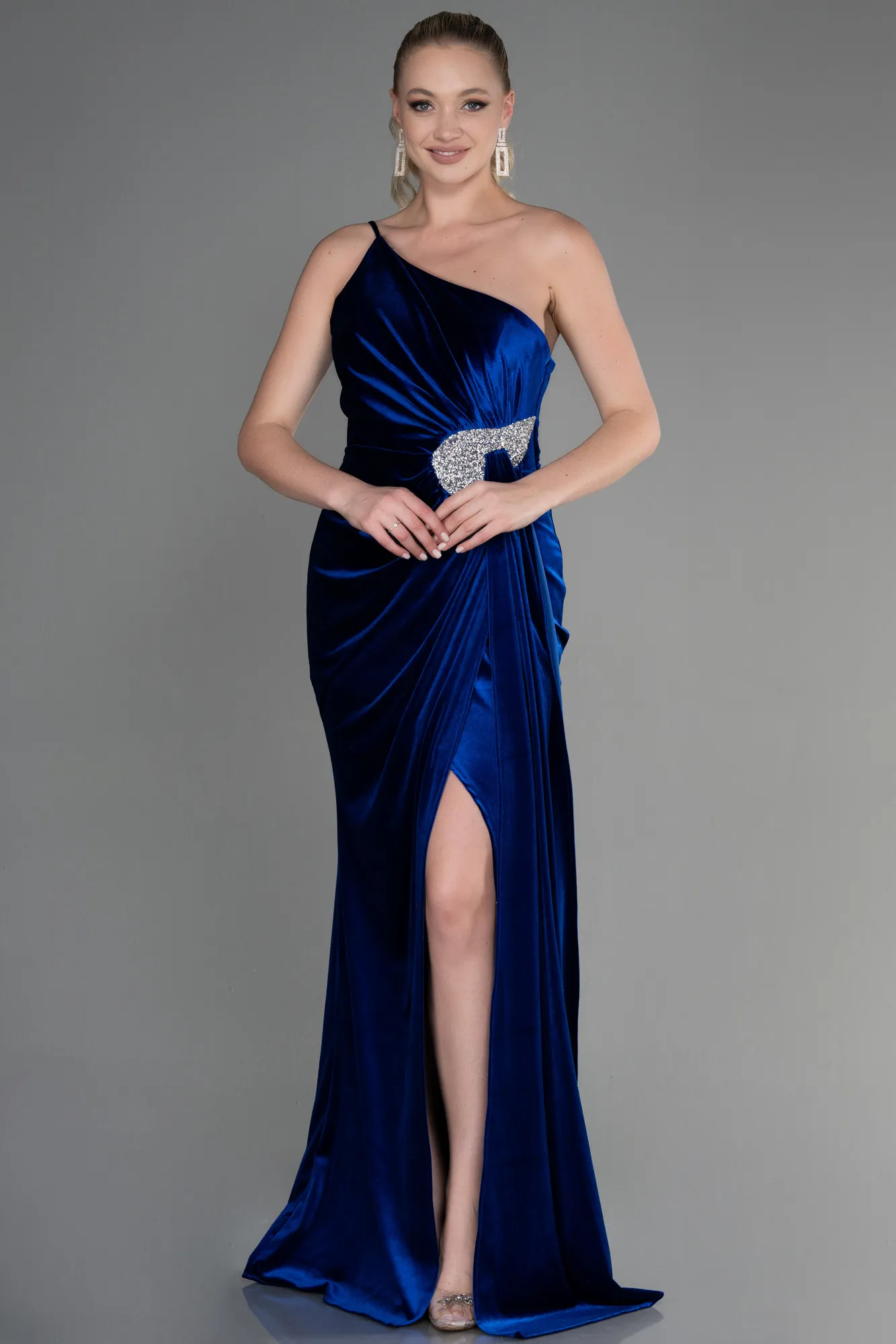Sax Blue-Long Velvet Evening Dress ABU2626