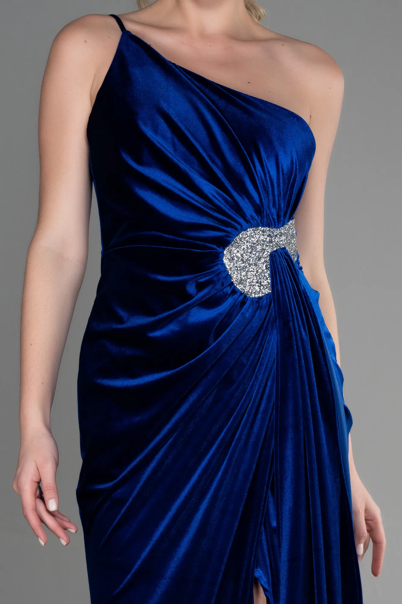 Sax Blue-Long Velvet Evening Dress ABU2626