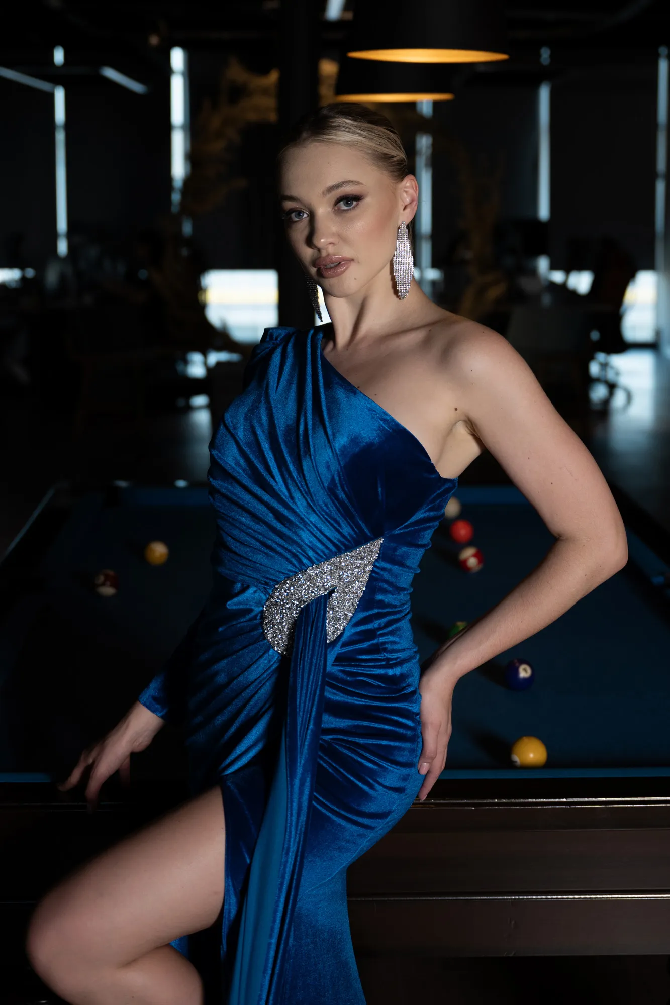 Sax Blue-Long Velvet Evening Dress ABU2655