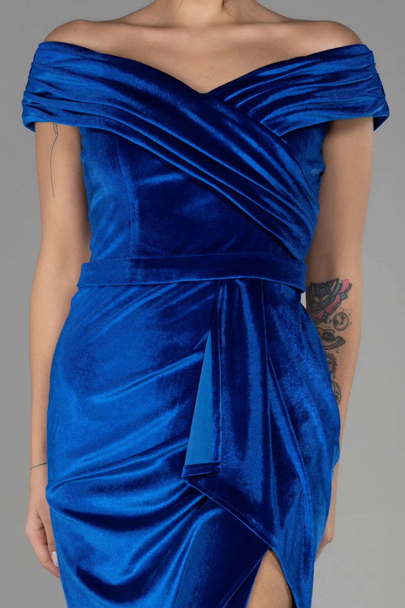 Sax Blue-Long Velvet Evening Dress ABU3330