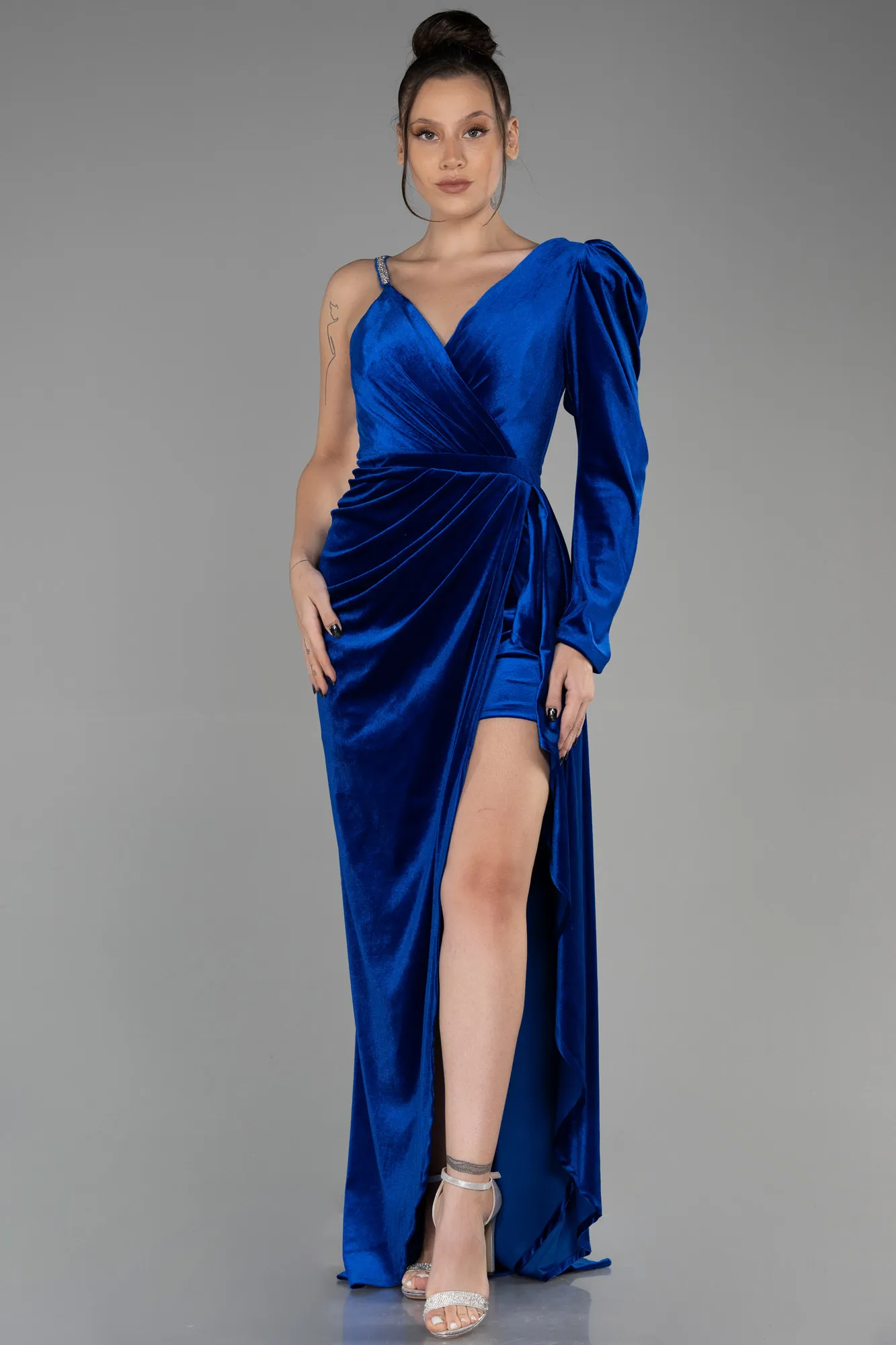 Sax Blue-Long Velvet Evening Dress ABU3355
