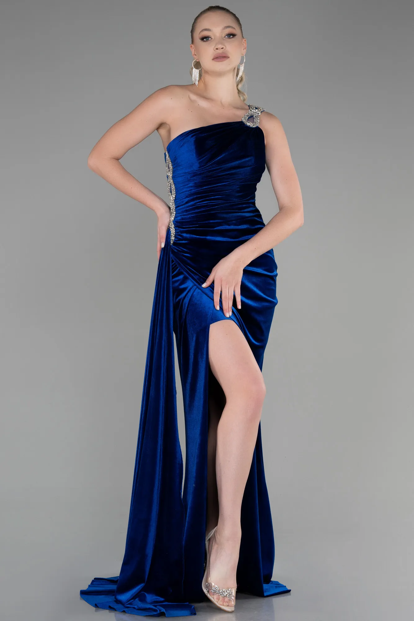 Sax Blue-Long Velvet Evening Dress ABU3365