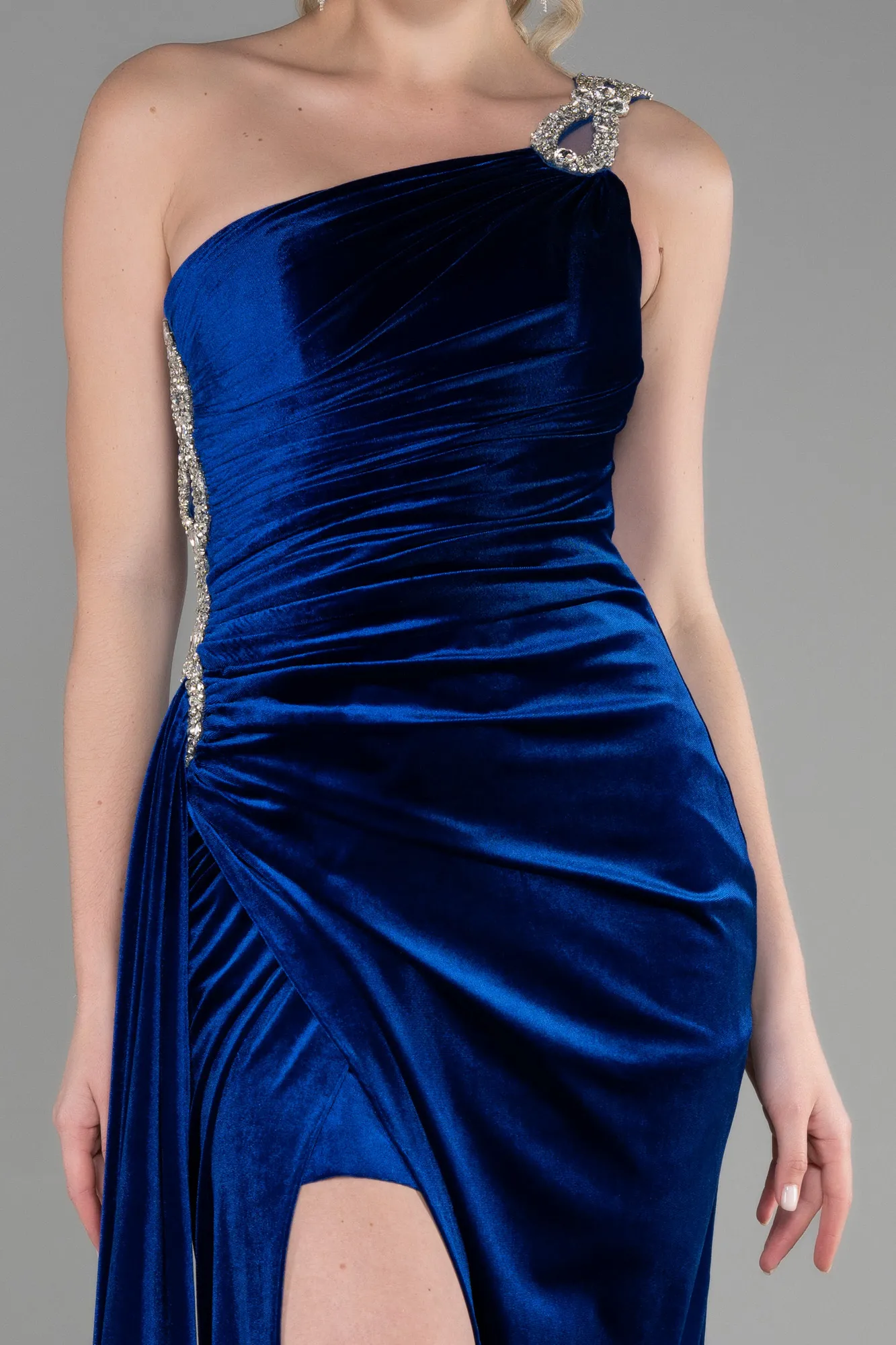 Sax Blue-Long Velvet Evening Dress ABU3365